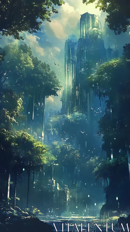 Vertical Metropolis Consumed by Verdant Overgrowth and Atmospheric Haze