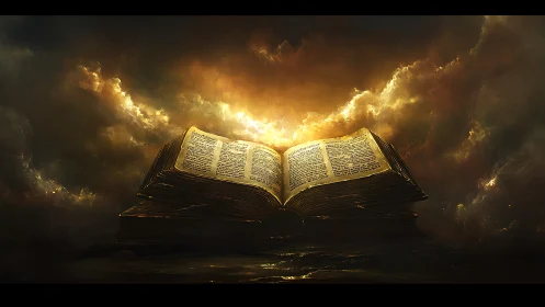 Illuminated open book with surrounding dense cloud cover.