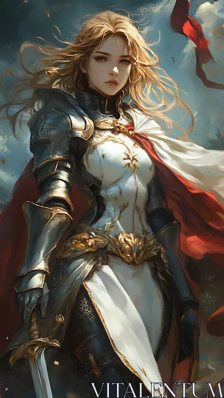 Armored paladin with wind-swept cloak in dynamic battlefield portrait.