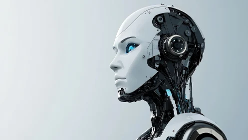 Side profile of humanoid robot with exposed inner mechanics.