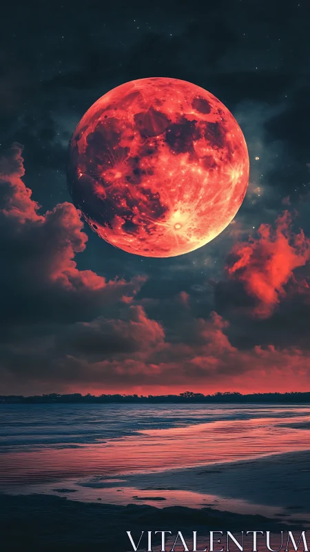 Crimson supermoon rising over reflective twilight shore.