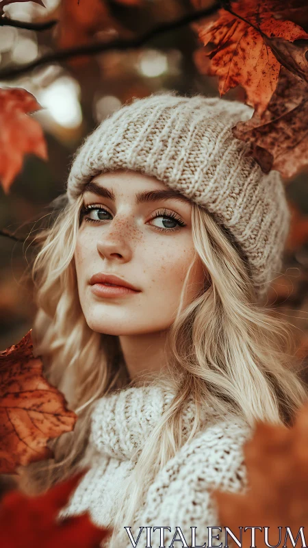 Cozy autumn portrait framed by glowing golden leaves.