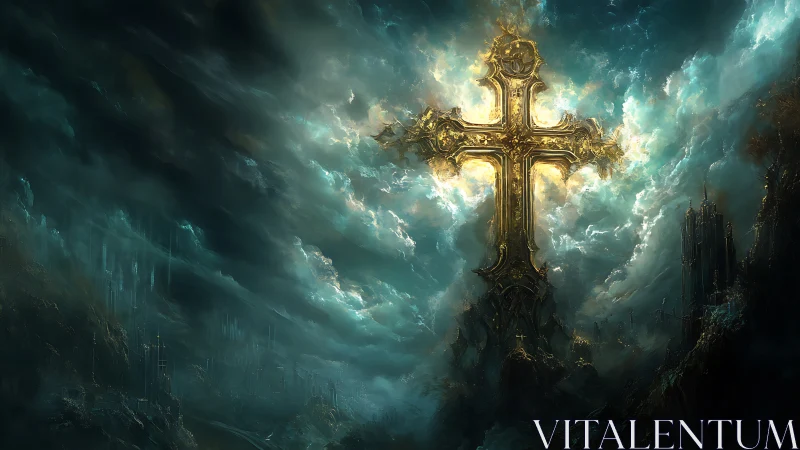 Stormlit golden crucifix above a crumbling twilight realm.