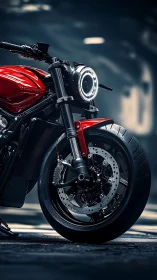 Red café racer motorcycle with modern LED front assembly.