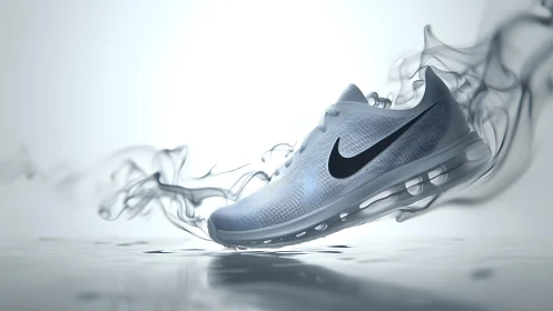 Sleek Nike running shoe floating in smoke-inspired digital art style.