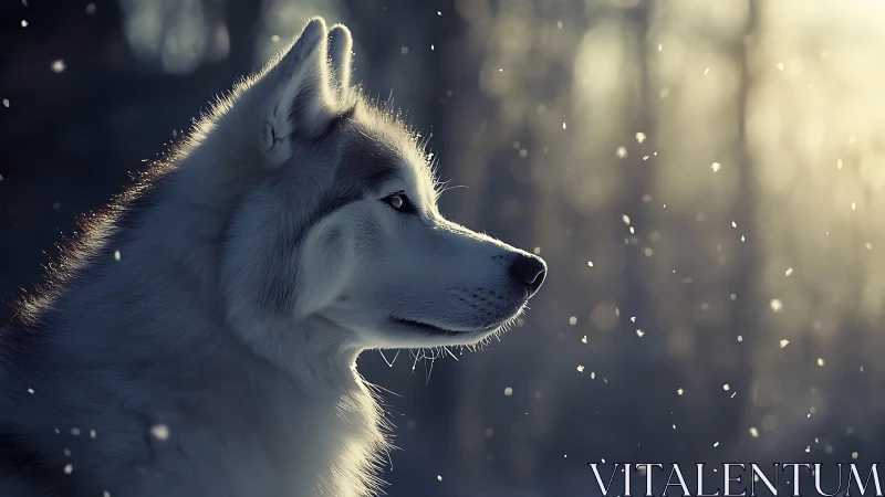 Lateral profile of winter-lit husky in shallow depth of field.