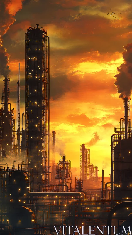 Glowing industrial skyline embraced by a fiery sunset sky.