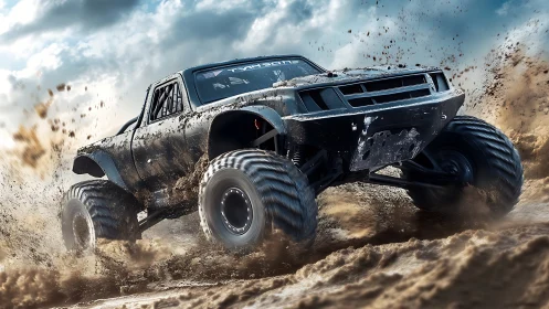 Off-road race truck powers through mud with high-torque suspension