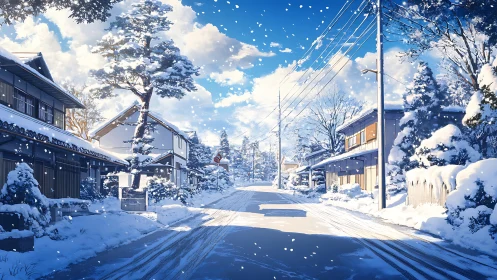 Snow-dusted village street under bright cobalt morning sky.