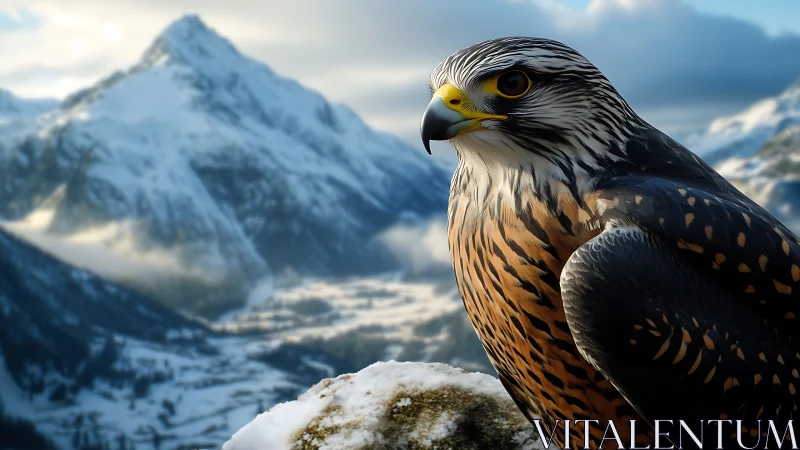 Majestic falcon perched on snowy rock in realistic mountain landscape.