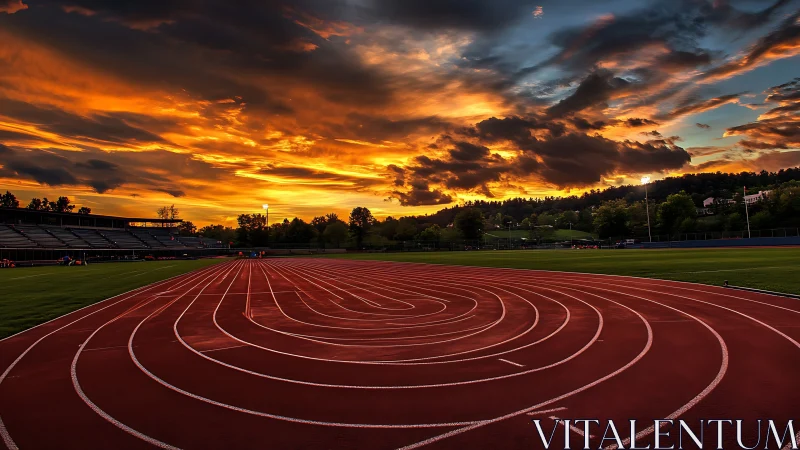 Sunset stadium track curves under dramatic burning sky.