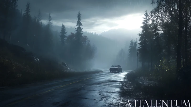 Car on wet forest road under overcast evening sky.