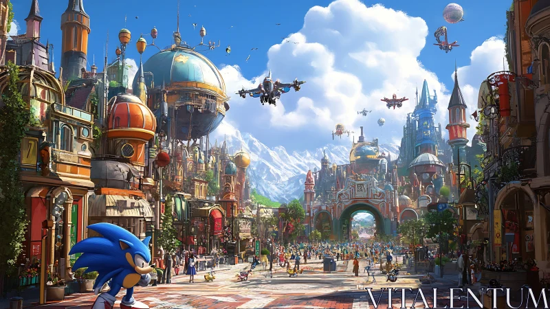 Sonic character in vibrant steampunk festival cityscape.
