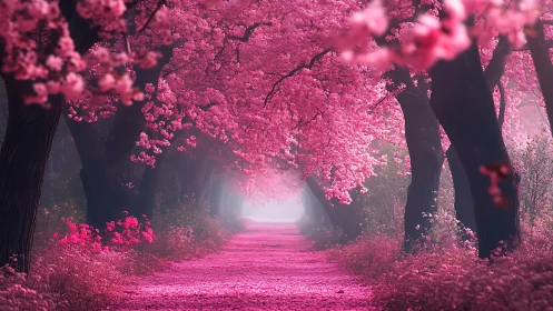 Pink blossom tunnel path under dense flowering trees.