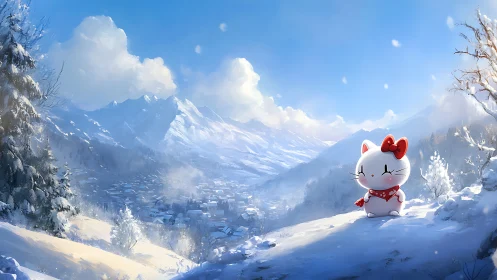 Cartoon cat figure on snowy hillside above mountain town.