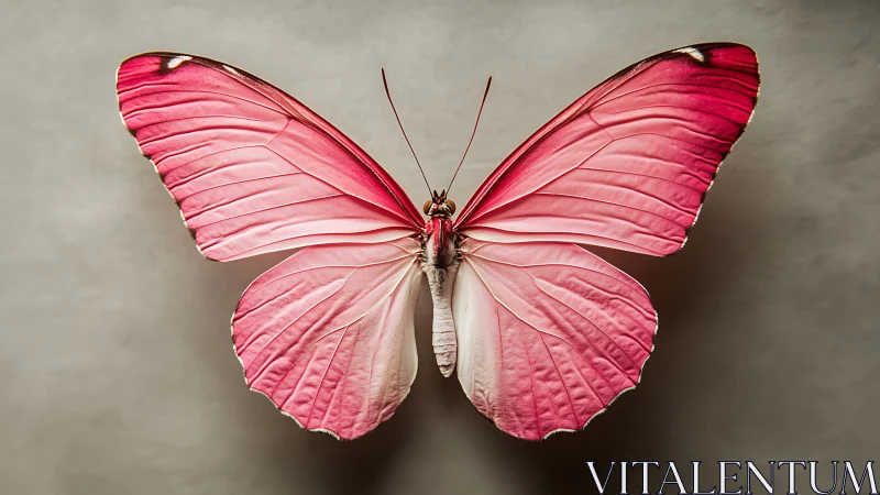 Pink gradient butterfly specimen on neutral background.