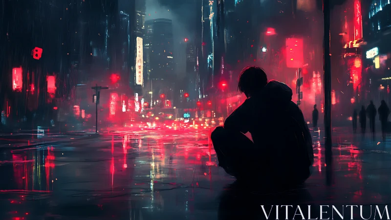 Solitary figure in neon drenched rainy cyberpunk city street.