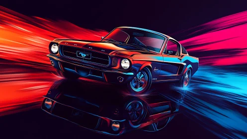 Vintage muscle car rendered in neon kinetic light streaks