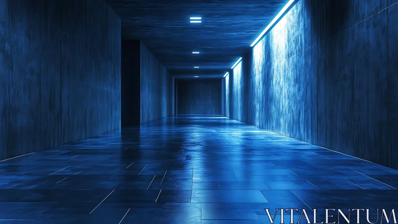 Futuristic blue corridor with reflective tile floor glows