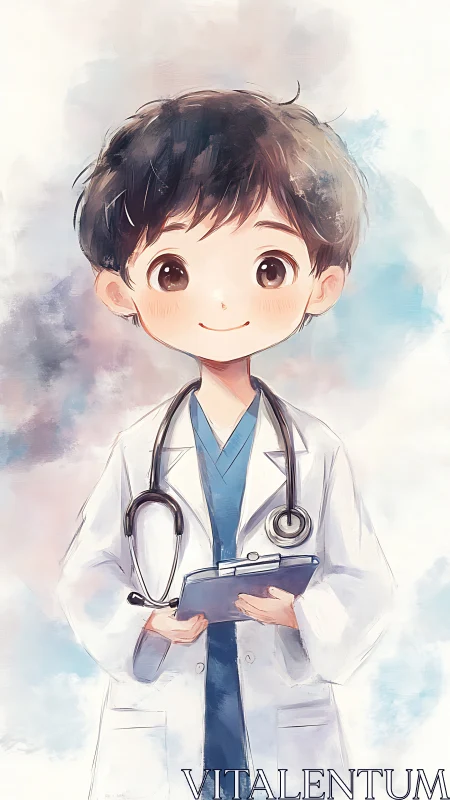 Soft watercolor chibi doctor character with stethoscope and clipboard
