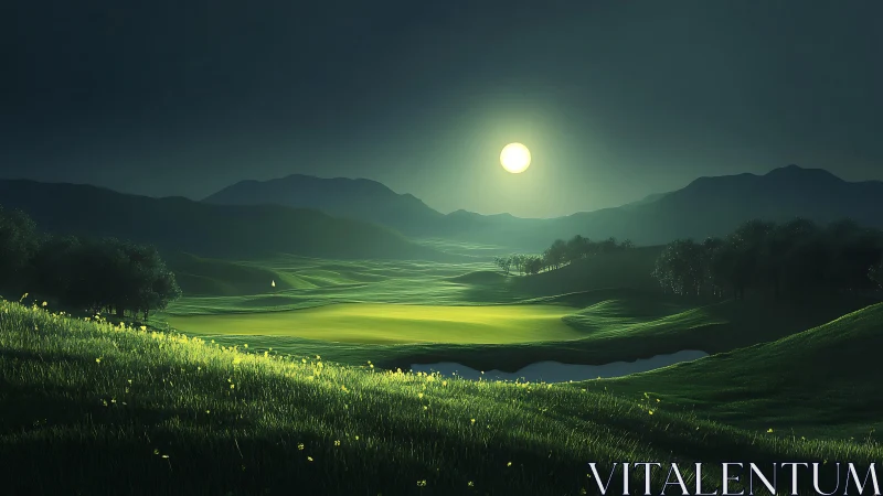 Moonlit golf course landscape shows layered hills and fairway