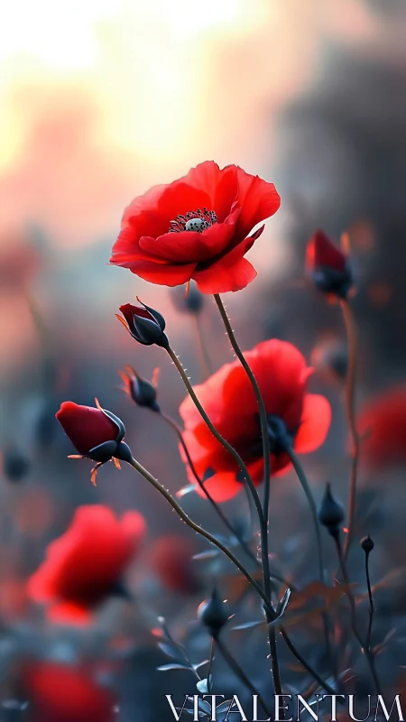Scarlet poppy lanterns glowing against a dream-soft dusk.
