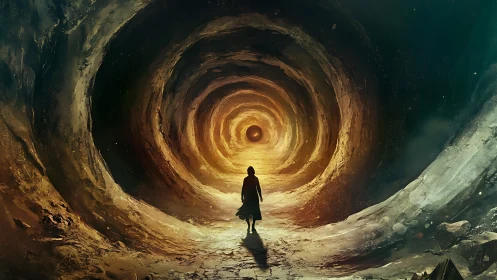 Silhouette figure in illuminated tunnel with concentric depth.