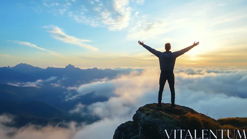 Backlit hiker silhouette stands on rocky summit above dense clouds