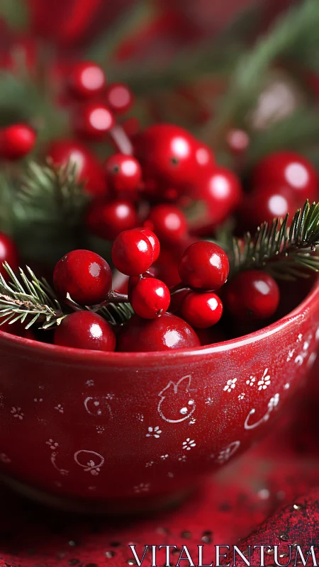Glossy red berries fill patterned ceramic holiday bowl