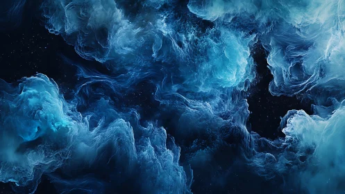 Nebular blue clouds swirl through deep cosmic negative space.