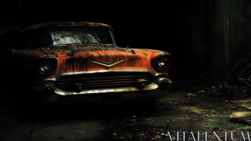 Rusty vintage car abandoned in dark, decayed setting.