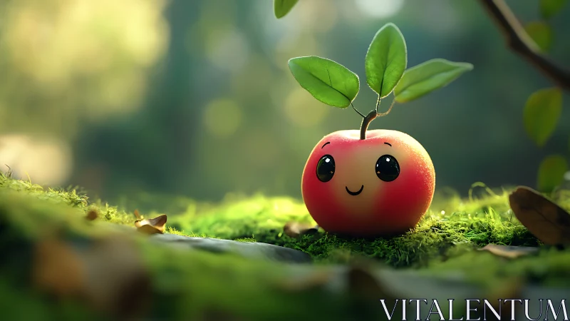 Cute apple character sits on moss under soft forest light