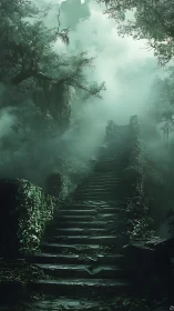 Misty jungle stairway climbs toward a forgotten emerald realm.