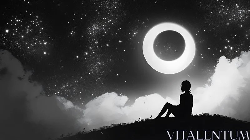 Stargazer beneath glowing ring moon in monochrome sky.