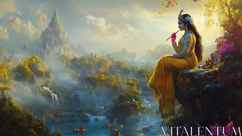 Mystical goddess plays flute above luminous waterfall valley.