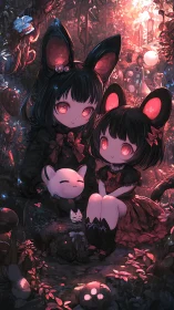 Two chibi figures with animal ears in glowing forest setting.