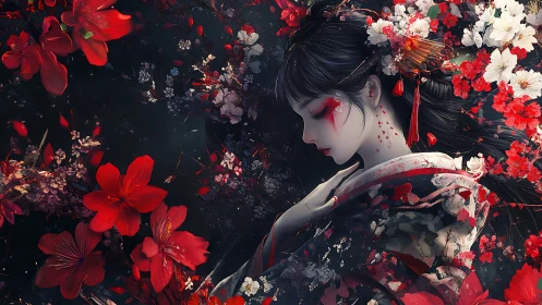 Silent geisha profile framed by crimson falling blossoms