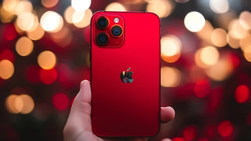 Red iPhone 11 Pro displayed in hand against bokeh lights.