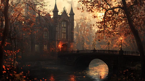 Warm lantern light welcomes dusk at a riverside castle bridge