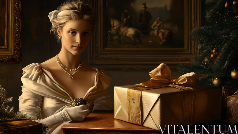 Classical portrait lighting renders regal woman beside gift box