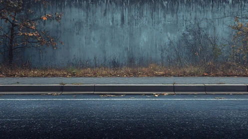 Weathered concrete wall behind wet asphalt road and curb line
