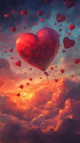 Giant Heart-Shaped Balloon Ascending Through Luminous Clouds.