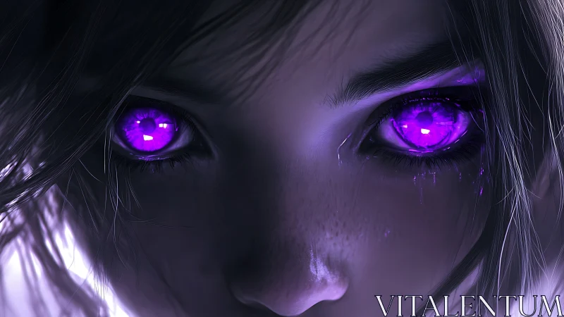 Purple-glowing eyes in intense digital character closeup.