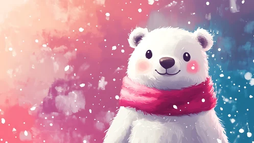 Snowy cub in pink scarf under pastel winter sky.