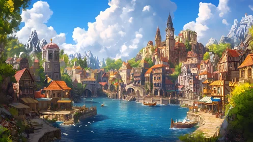 Riverside fantasy port town under bright midday sky.