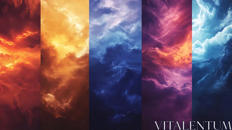 Elemental sky columns blend fire, storm, dusk, and aurora.