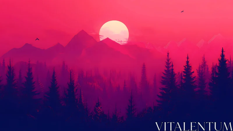 Crimson dusk forest bathing beneath a neon moonrise.