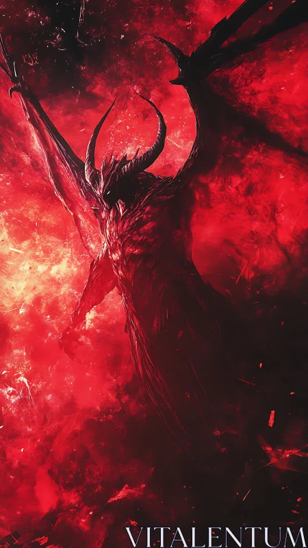 Infernal winged titan rising through a storm of scarlet fire.
