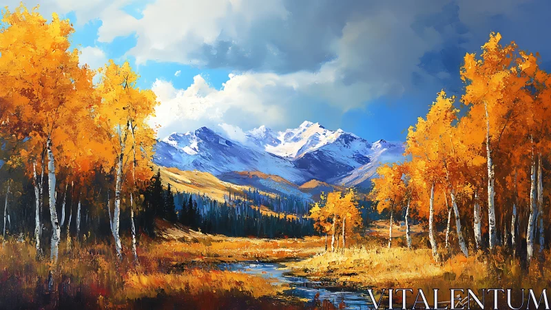 Golden autumn valley with snowcapped mountains and stream.