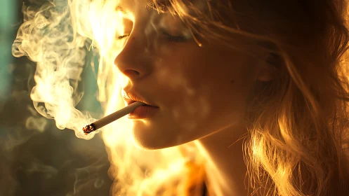 Golden haze portrait where smoke curls through quiet light.